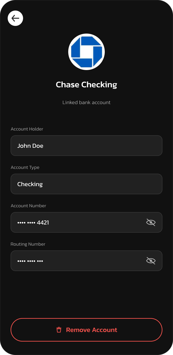Chase checking account detail with show/hide fields